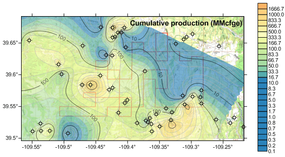 This contour map shows cumulative production (MMcfge).