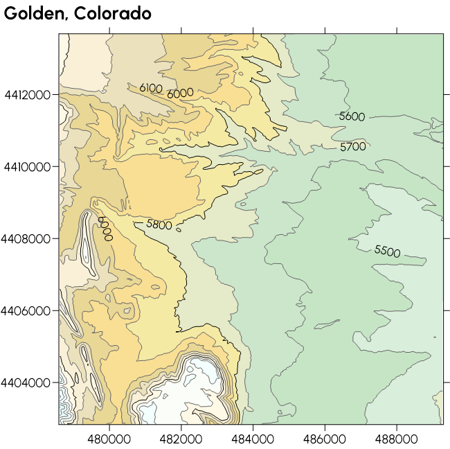 This contour map can help urban planners in Golden, Colorado assess land evaluation and more.