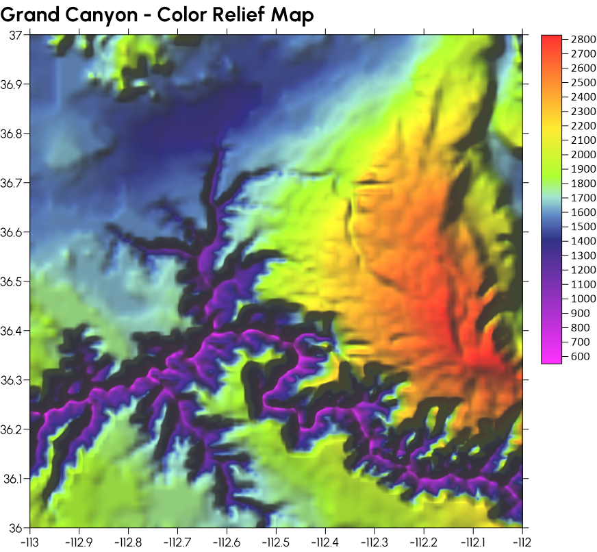 A color relief of the Grand Canyon, this is a great example of how this map type can bring the earth's surfaces to life.