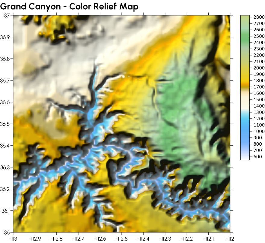 This color relief map showcases the Grand Canyon. 