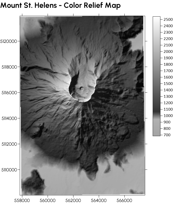 A dramatic and compelling color relief map of Mount St. Helens, this visual is captivating and clear.