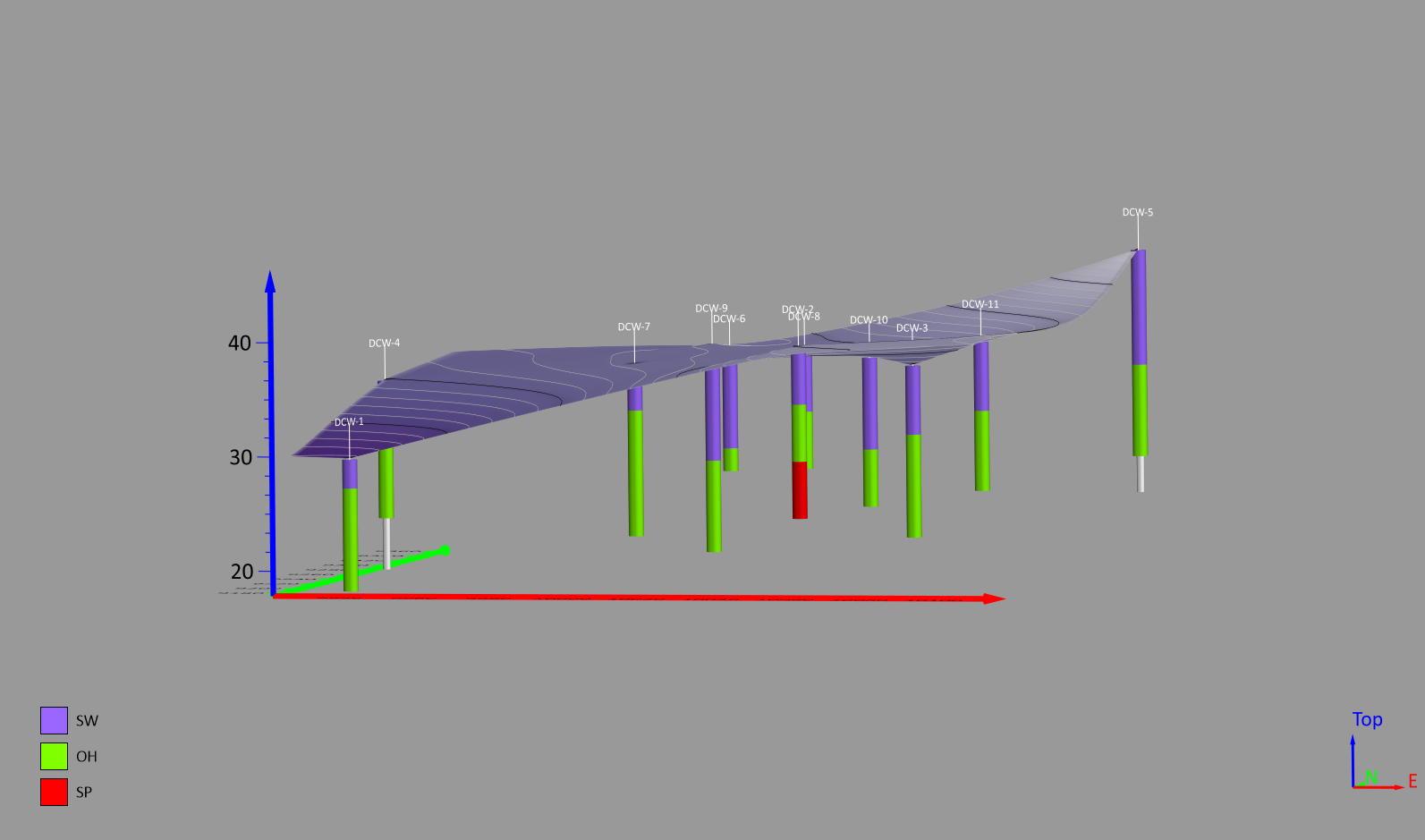 This drillhole map shows the geology in the various drillholes.